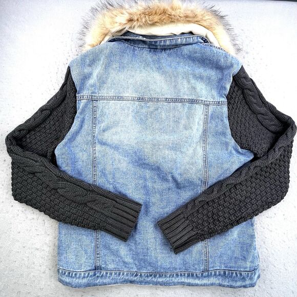 Judith March Jean Jacket Womens L Blue Denim Knit Sleeves Faux Fur Collar - Picture 7 of 11